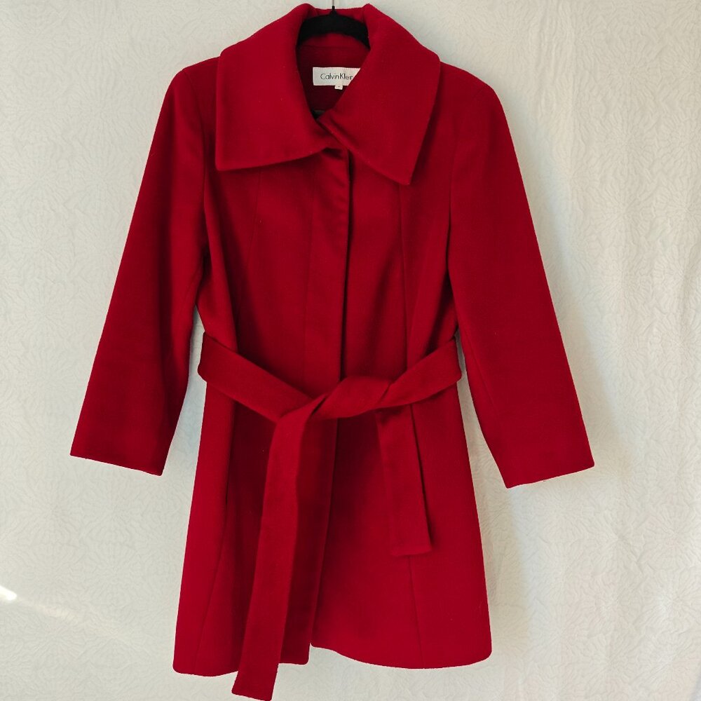 CALVIN KLEIN Wool-Blend Coat with Belt Pockets Red Size 4
